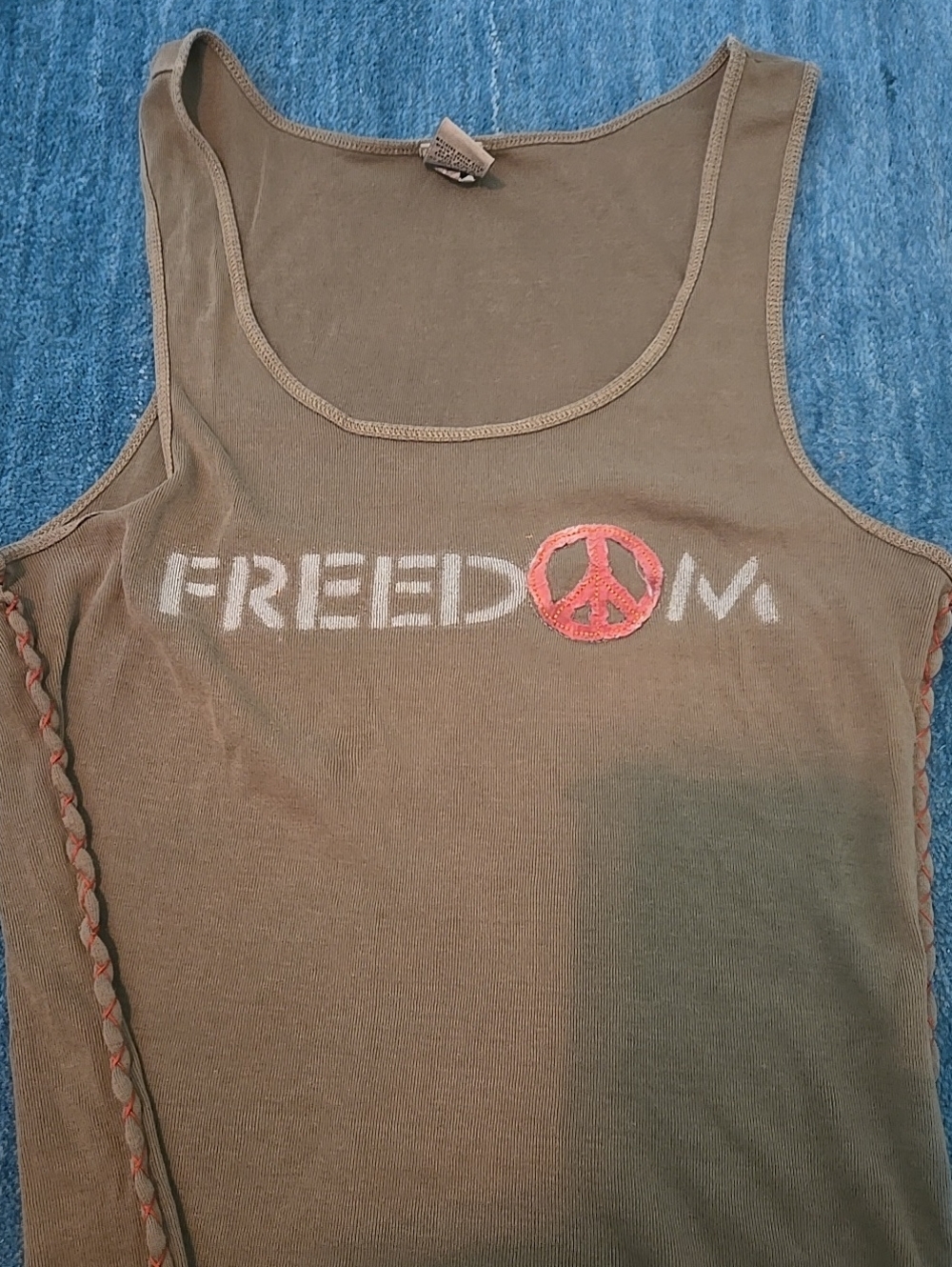 Vintage Olive Green FREEDOM Tank with Red Peace Symbol